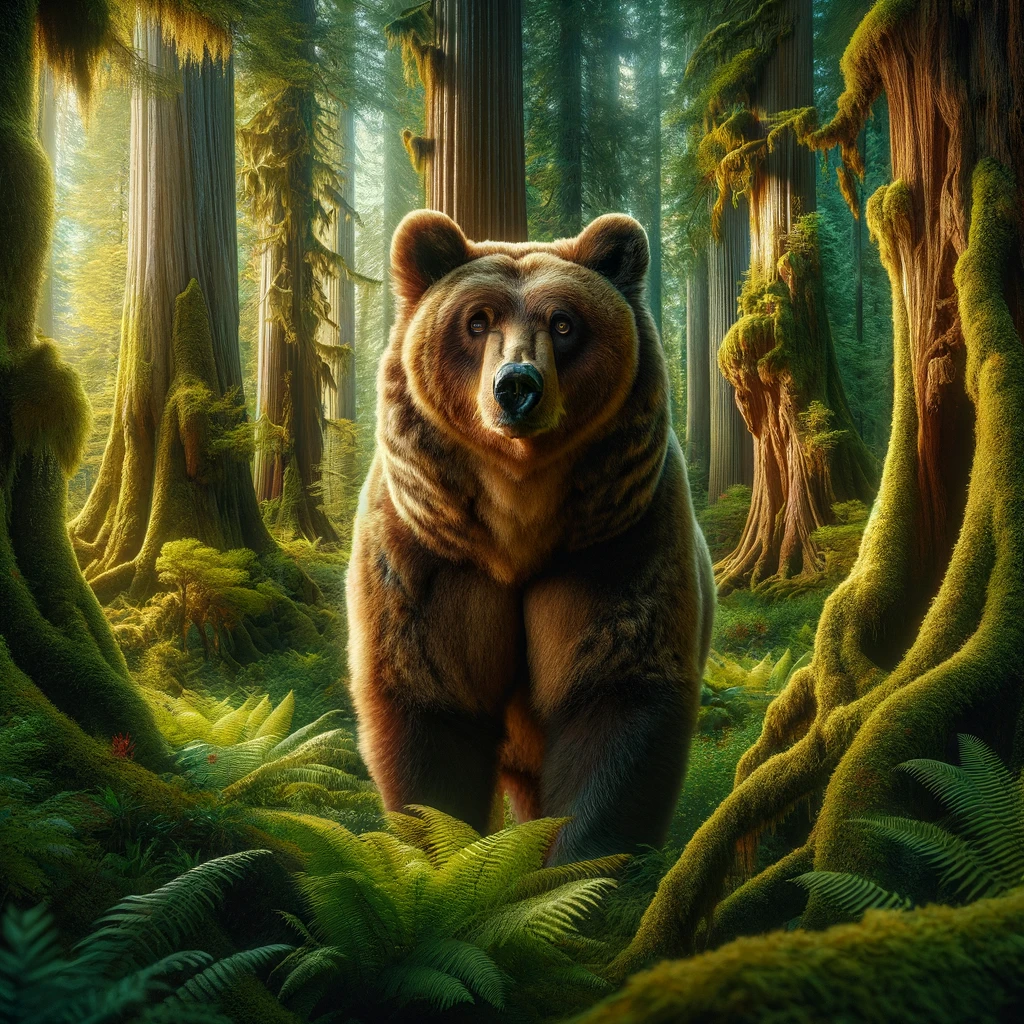 Majestic Mother Bear in Enchanted Forest: A majestic mother bear in a dense, enchanting forest, accentuated with rich green foliage and towering ancient trees. She stands tall and proud, her brown fur more pronounced and her gaze deeply nurturing yet commanding. The forest is alive with vivid colors, and the sunlight creates a more dramatic effect, highlighting her protective aura.